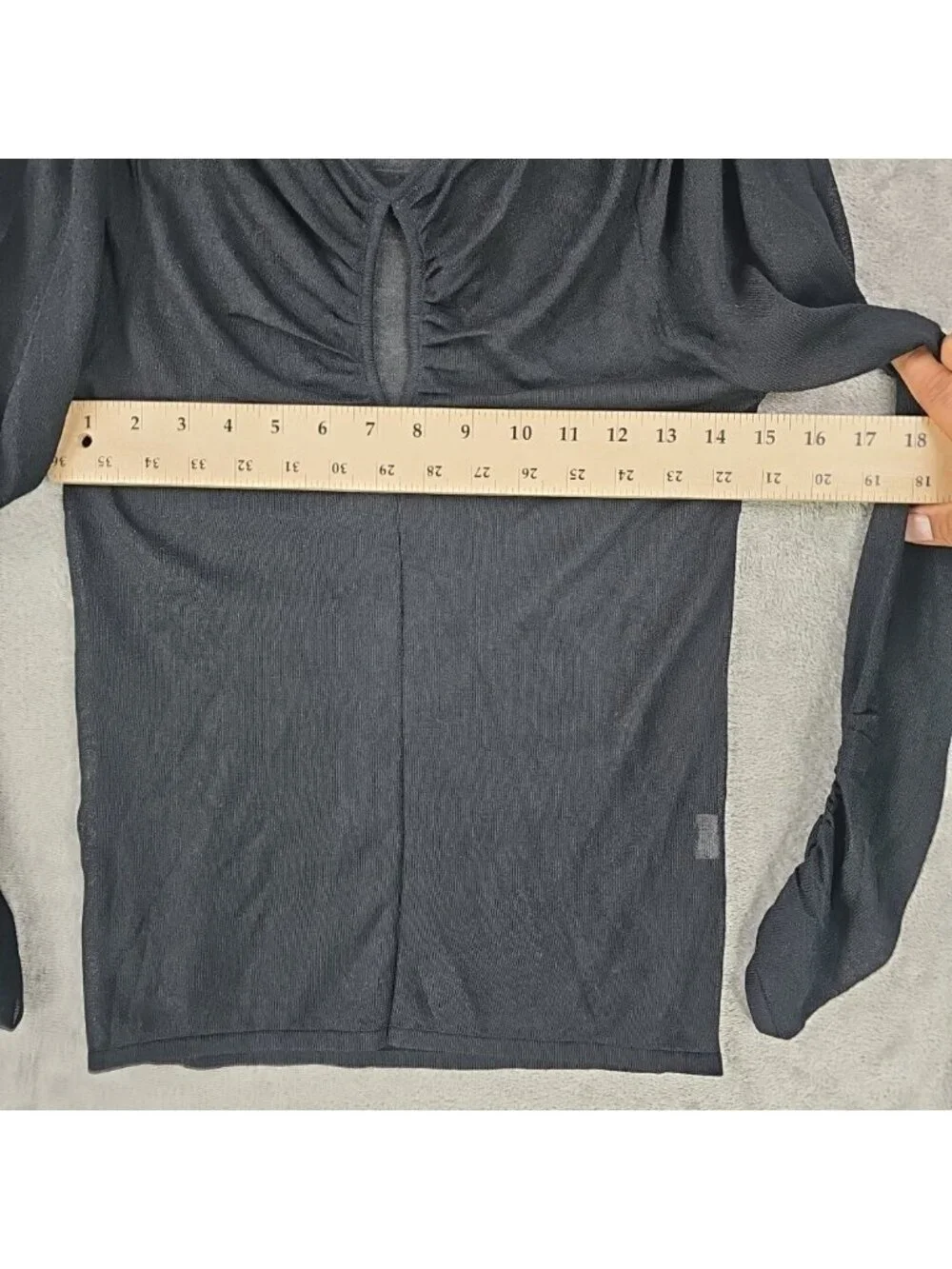 Zara Blouse Womens M Black Mesh V Neck Long Puff Sleeve Keyhole Sheer Stretch